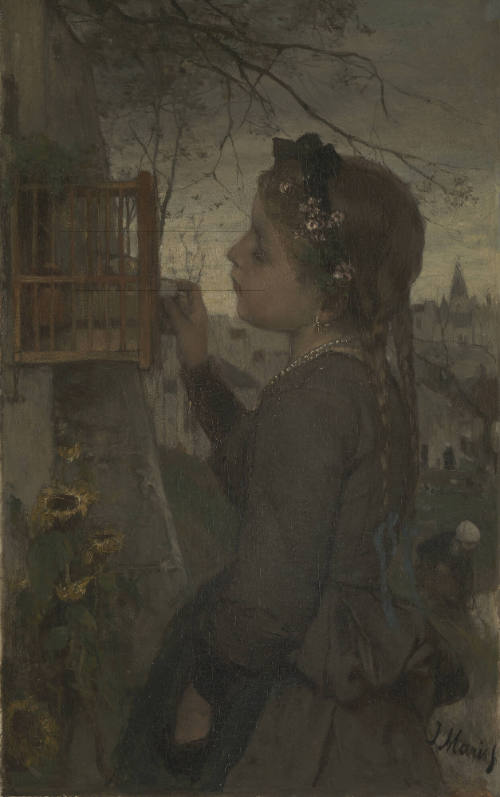 A Girl feeding a Bird in a Cage