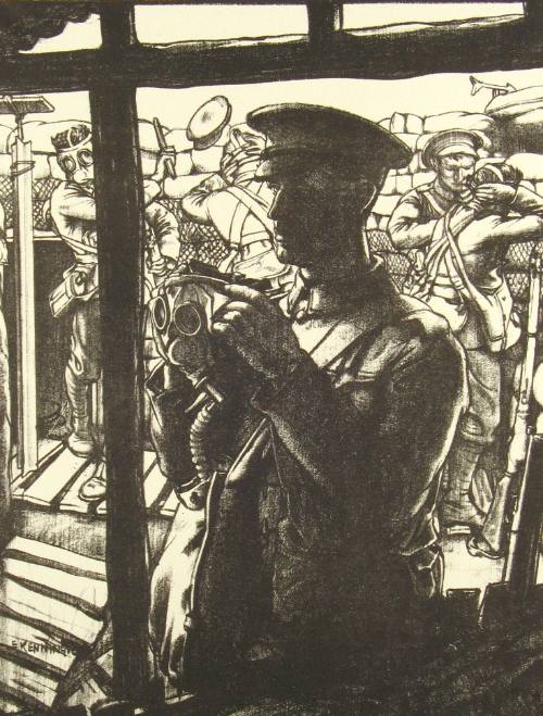 No. 14 "The Gas Mask" [From 'The Great War: Britain's Efforts And Ideals shown in a series of lithographic prints: 'Making Soldiers' series]